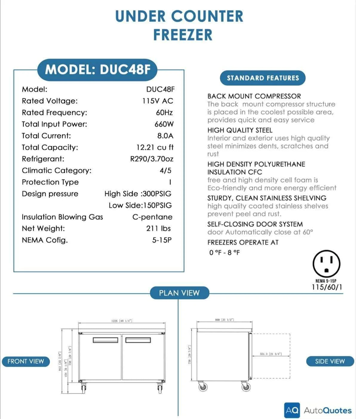 DUC48F 2-Door Undercounter Freezer in Stainless Steel