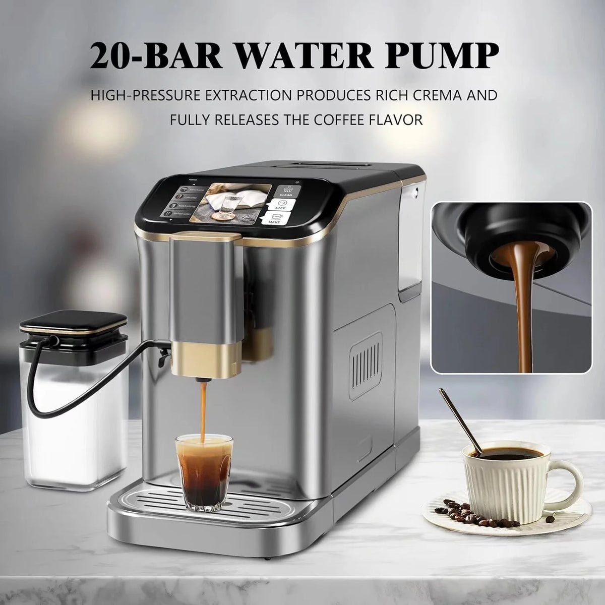 Fully Automatic Coffee Maker with Built-In Grinder and Milk Frother, Touch Screen 20 Bar High Pressure Espresso Machine with Adjustable Temperature and Strength for Home, Office