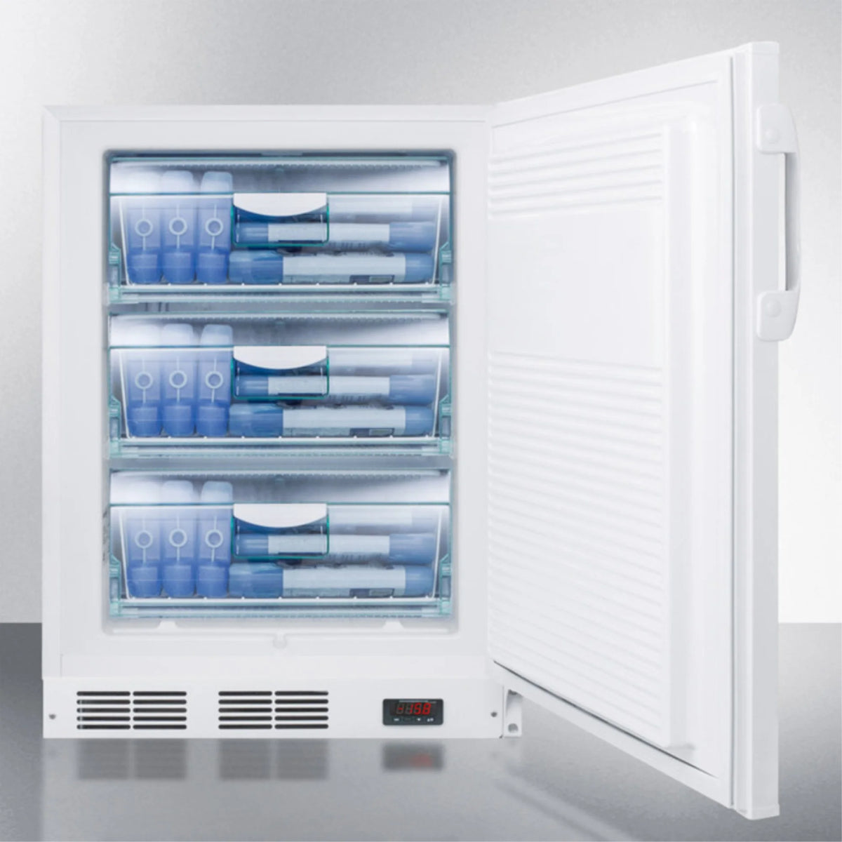 ADA compliant built-in undercounter vaccine all-freezer with digital thermostat, temperature alarm, hospital grade cord, self-closing door, and front lock