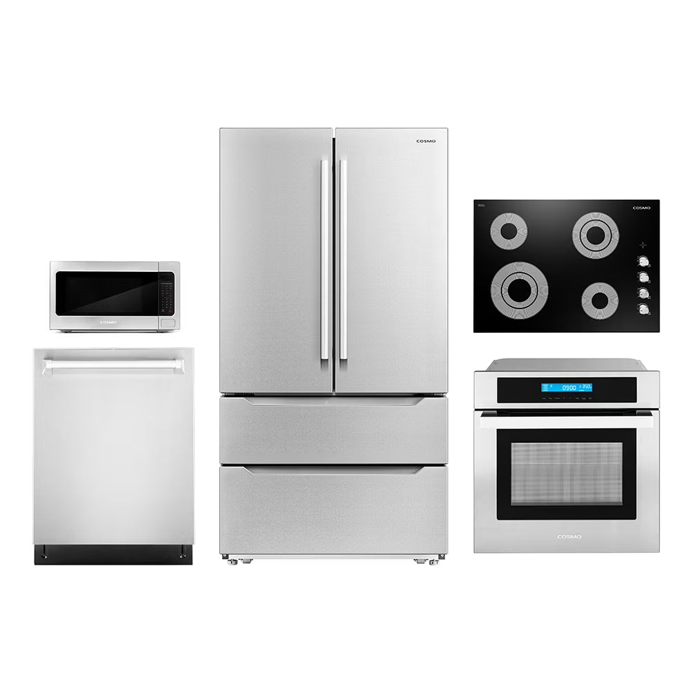 Cosmo 5 Piece Kitchen Appliance Package With 30" Electric Cooktop 30" Single Electric Wall Oven 30" Over-the-range Microwave French Door Refrigerator & 24" Built-in Fully Integrated Dishwasher