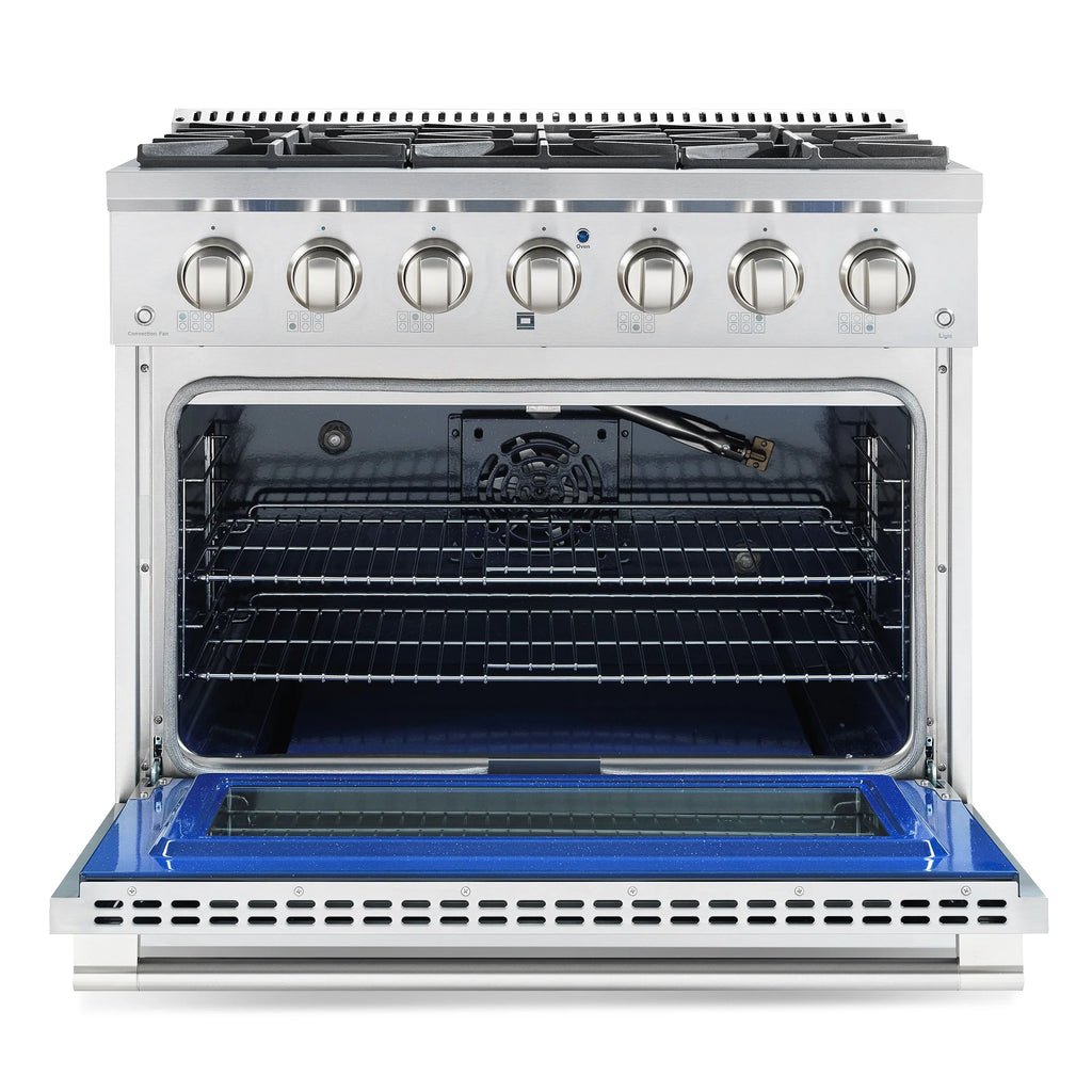 Cosmo 4 Piece Kitchen Appliance Package with 36" Freestanding Dual Fuel Range 36" Island Range Hood 24" Built-in Integrated Dishwasher & French Door Refrigerator Kitchen Appliance Bundles