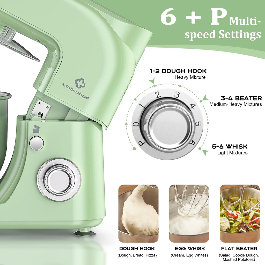 LINKChef Stand Mixer, 5.3QT 800W 6+P Speeds with Whisk, Dough Hook and Beater (White)