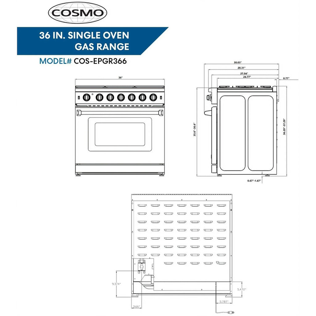 Cosmo 36 Inch 6 Cubic Foot Gas Range Convection Oven with 6 Italian Burners