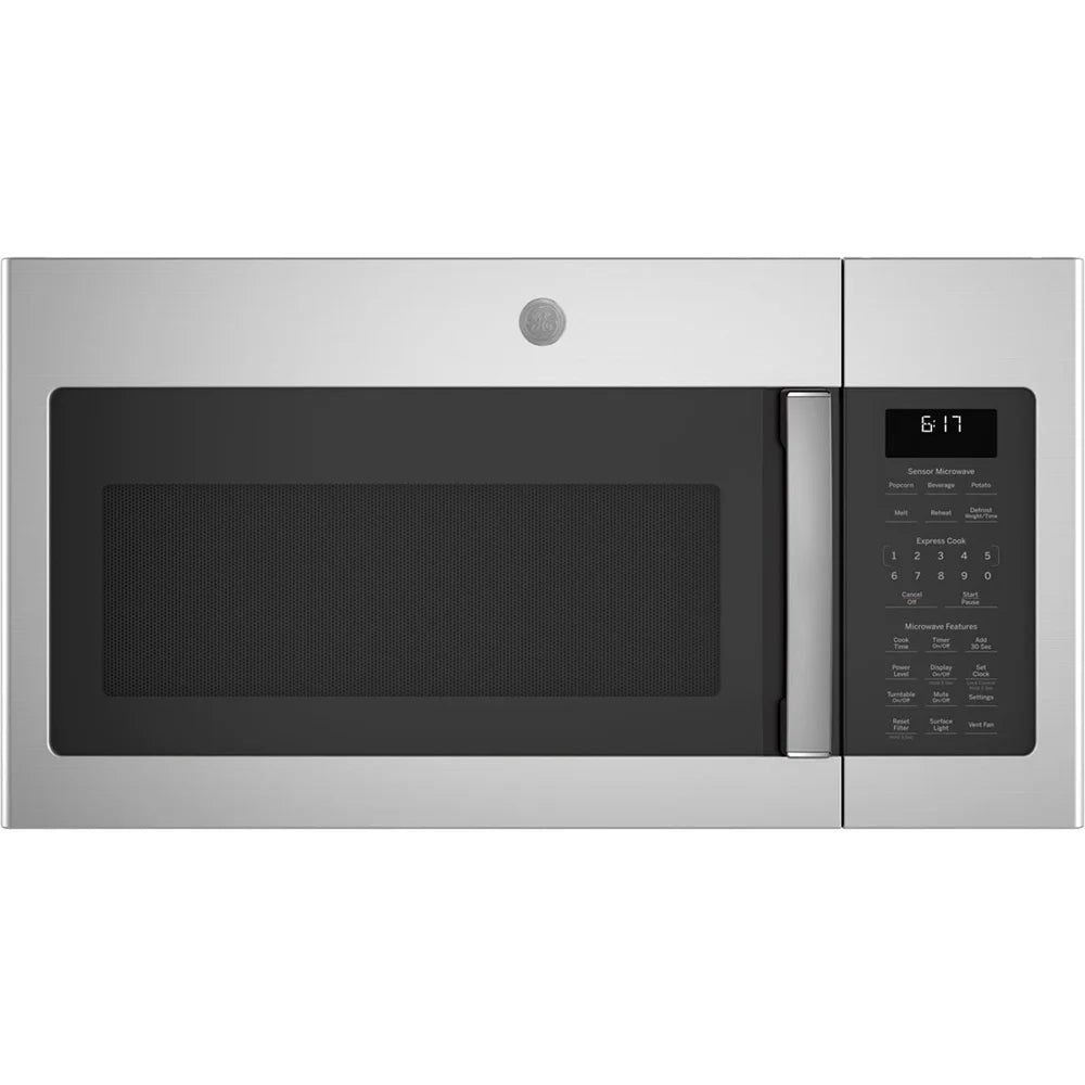 GE JVM6175SKSS 1.7 Cu. Ft. Over-the-Range Sensor Microwave Oven Stainless Steel Bundle with Deco Chef Pair of Red Heat Resistant Oven Mitt and 3 YR CPS Enhanced Protection Pack