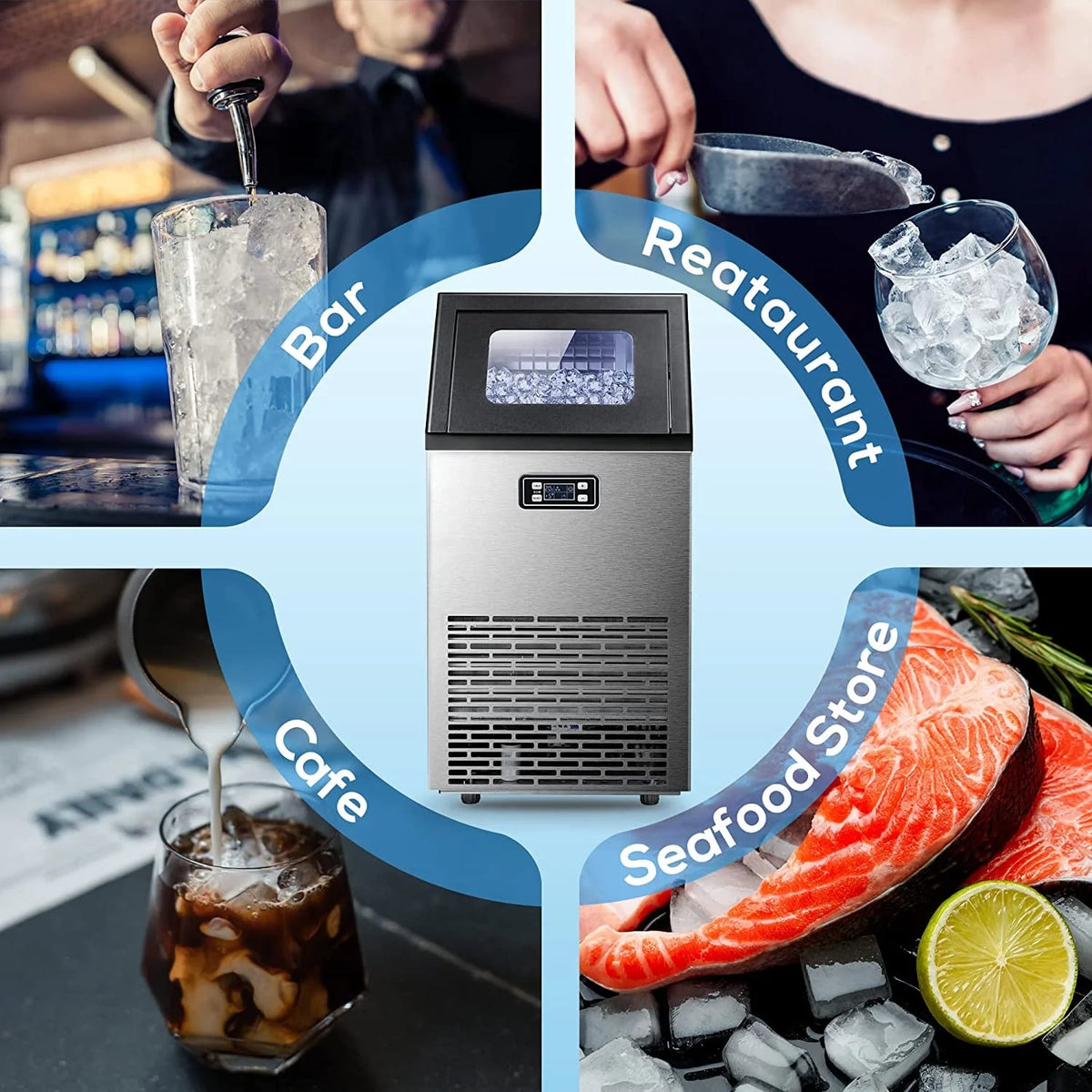 100Lbs/24H Commercial Ice Maker, 45 Cubes in 11 Mins, Stainless Steel, Auto Clean, Under Counter for Home/Bar Use�?Auseo
