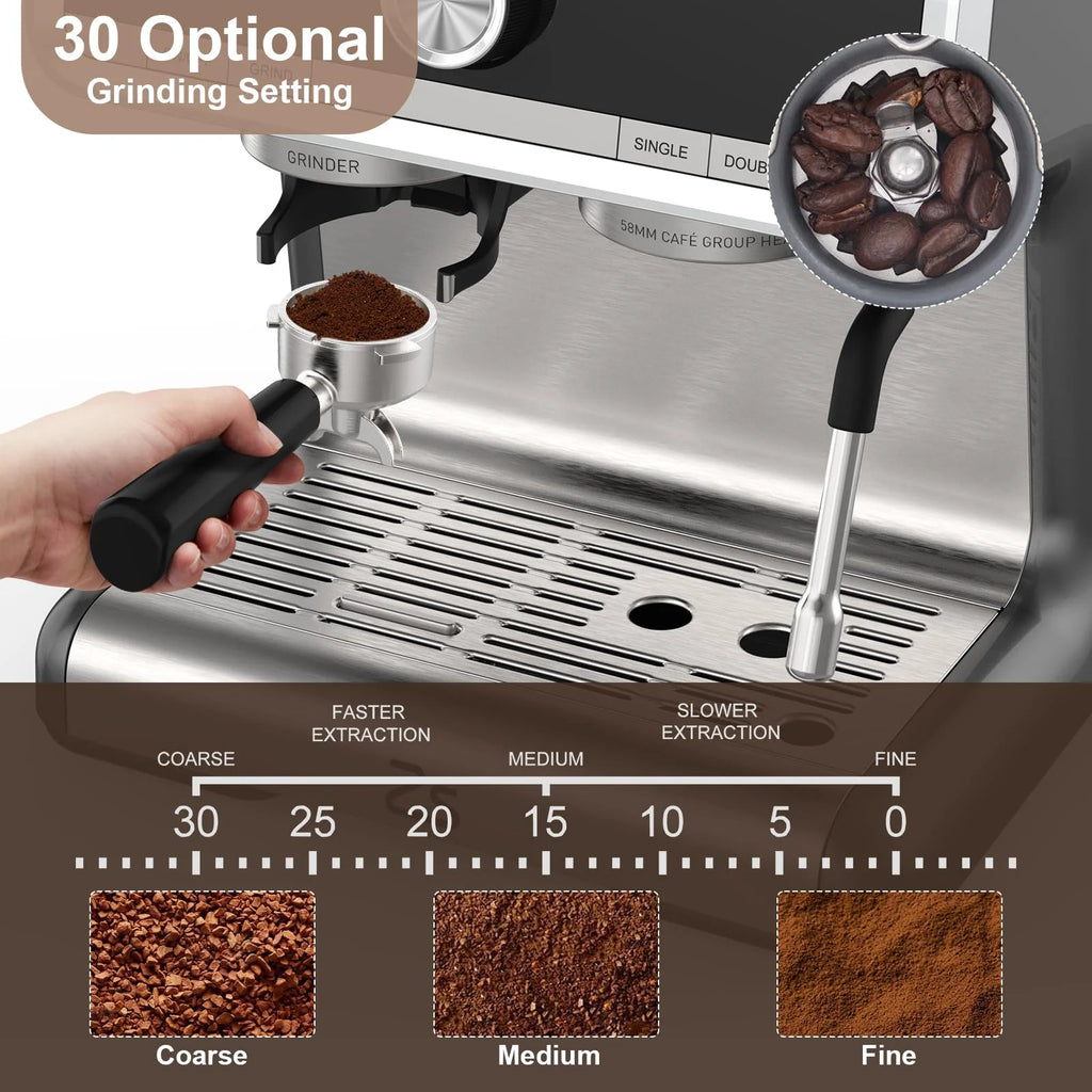 2024 New Espresso Machine with Grinder 20 Bar Pump, 2.8L Removable Water Tank Semi Automatic Coffee Maker with Grinder, Milk frother, Ideal for Small Families and Offices