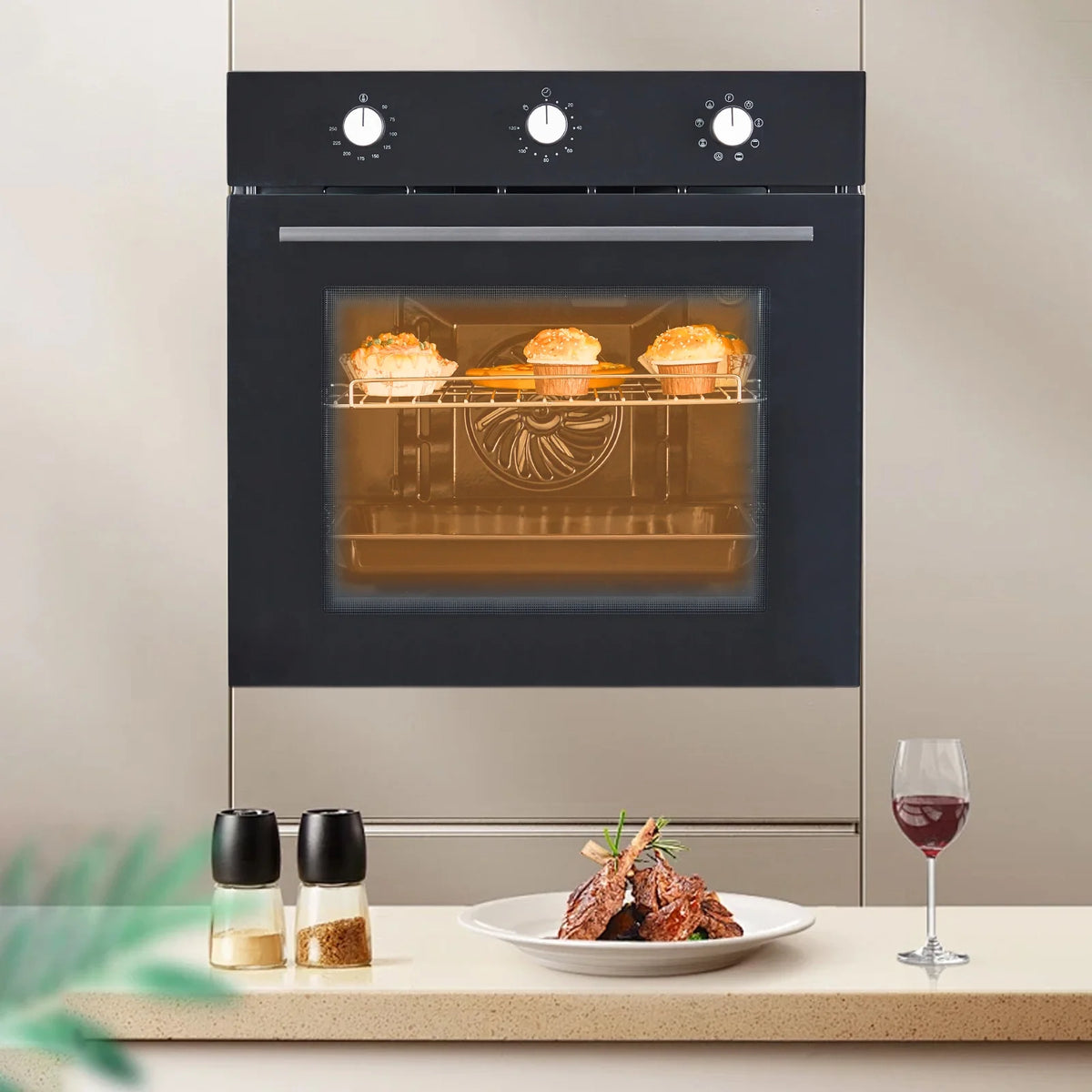 24" Electric Single Wall Oven with 8 Baking Modes 2.5Cu.ft Built-in Electric Convection Oven with Air Frying Function 3D Surround Heating with Double-Layered Glass Door 3000W
