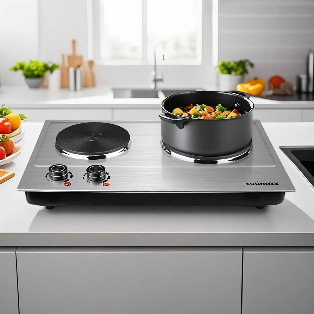 CUSIMAX 1800W Portable Double Burner Hot Plate �?Stainless Steel Countertop Electric Cooktop with Dual Cast Iron Heating Plates, Easy-to-Clean Silver Design, Upgraded Version
