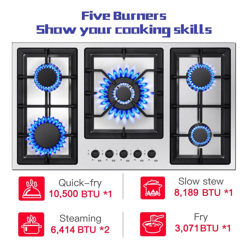 Amzgachfktch 36 Inch Gas Cooktop 5 Burner Built in Stainless with Thermocouple Protection, LPG/Natural Gas Convertible