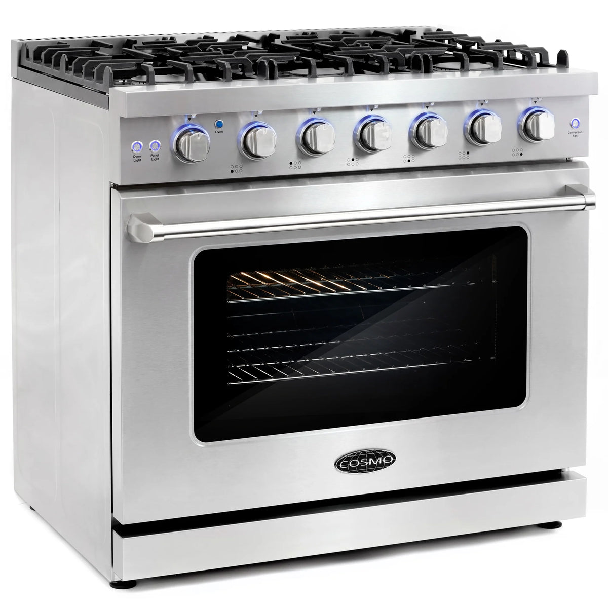 Cosmo 5 Piece Kitchen Appliance Package with 36" Freestanding Gas Range 36" Island Range Hood 24" Built-in Fully Integrated Dishwasher French Door Refrigerator & 48 Bottle Wine Refrigerator