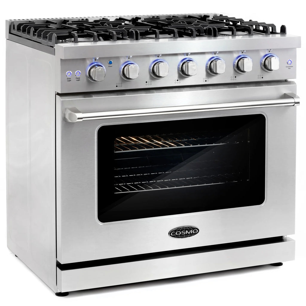 Cosmo 3 Piece Kitchen Appliance Packages with 36" Freestanding Gas Range Kitchen Stove 24" Built-in Fully Integrated Dishwasher & 48 Bottle Freestanding Wine Refrigerator Kitchen Appliance Bundles