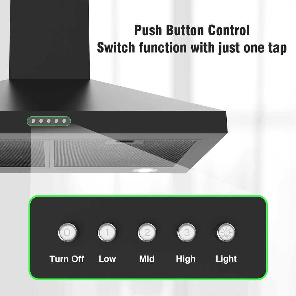 FIREGAS Wall Mount Range Hood 30 inch Black Vent Hood for Kitchen400 CFM with Ducted Convertible Ductless Kitchen Hood in Stainless Steel, 3-speed Whole-House Fan, LED Lights
