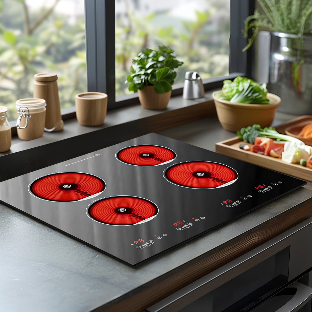 Advwin  4 Burner Electric Stove Top��24 Inch Built-in Electric Stove Top,6000W Electric Ceramic Cooktop with 4H Timer, Kid Safety Lock and Knob Control, 9 Heating Level,220v(No Plug)