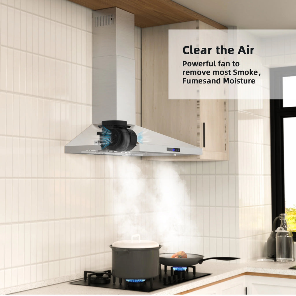 FIREGAS Range Hood 30 Inch, Stainless Steel Wall Mount Kitchen Hood with 3 Speed Exhaust Fan, Ducted/Ductless Convertible, Touch Control, Stove Vent Hood with 5-Layer Aluminium and Charcoal Filters