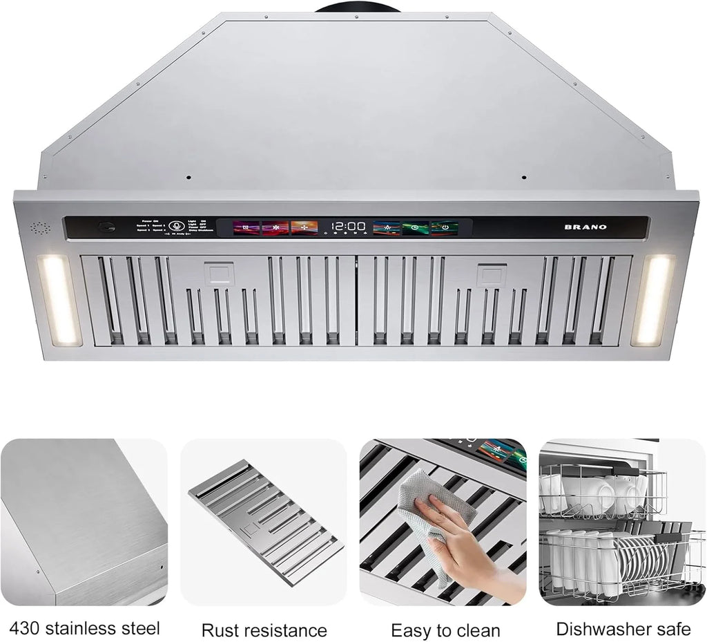 Range Hood Insert 30 Inch, 900 CFM Smart Voice/Gesture/Touch Control, 4 Speed Exhaust Fan, Stainless Steel Kitchen Hood with Charcoal Filter, Ducted/Ductless Convertible