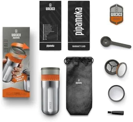 Pipamoka Portable Coffee Maker, Coffee brewer, All-in-one Vacuum Pressured，Insulated Travel Mug, Hand Powered and  Pressure Brewer, Stainless Steel Thermo Cup, 10 fl oz