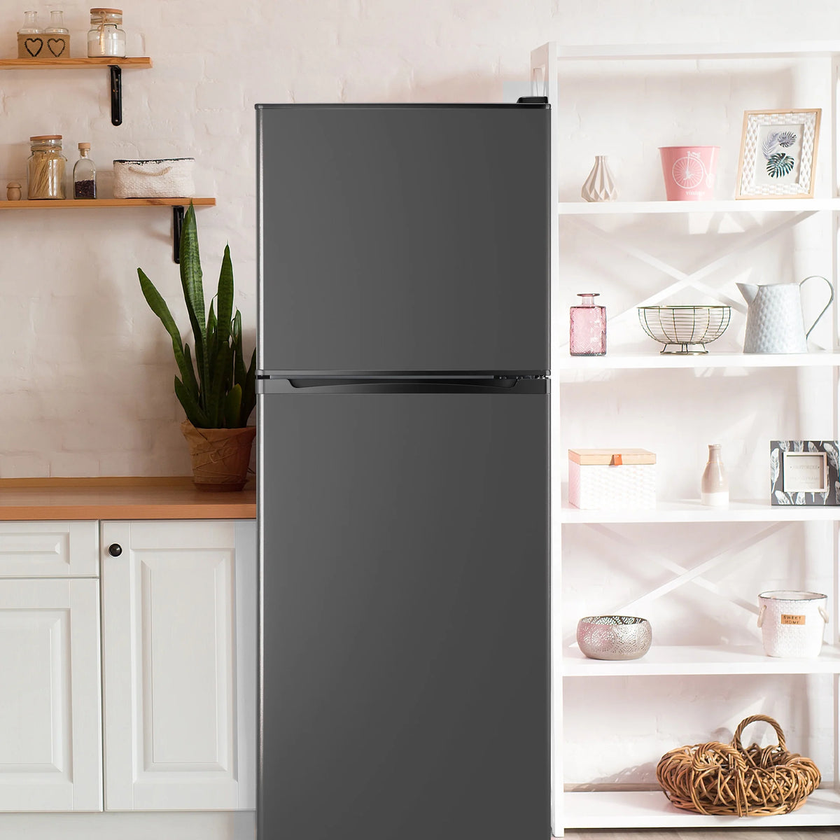 WANAI 2 Door with Freezer Mini Fridge,4.5 Cu.ft Compact Refrigerator,Mini Refrigerator for Kitchen Apartment and Office,Grey