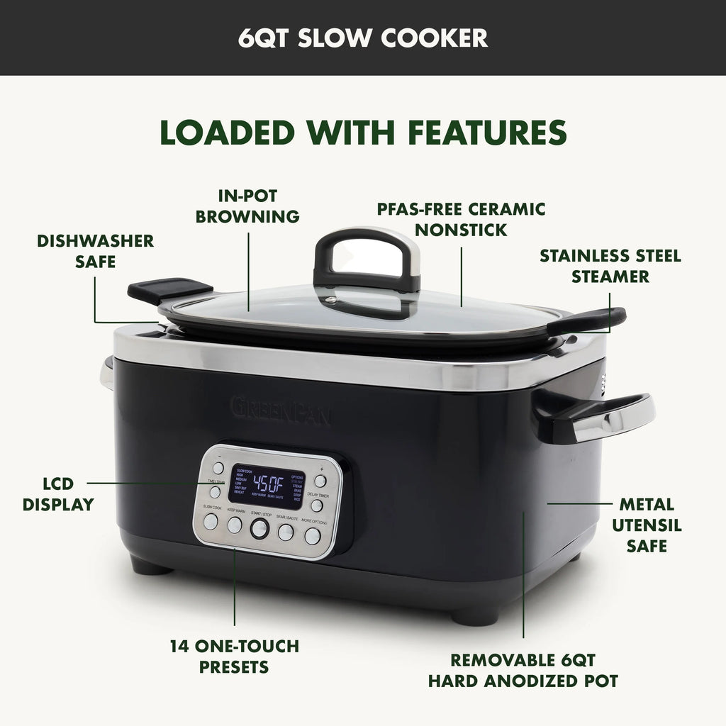 GreenPan 6-Quart, 14-in-1 Slow Cooker, Family Size, Ceramic Nonstick, Dishwasher Safe Parts, Black