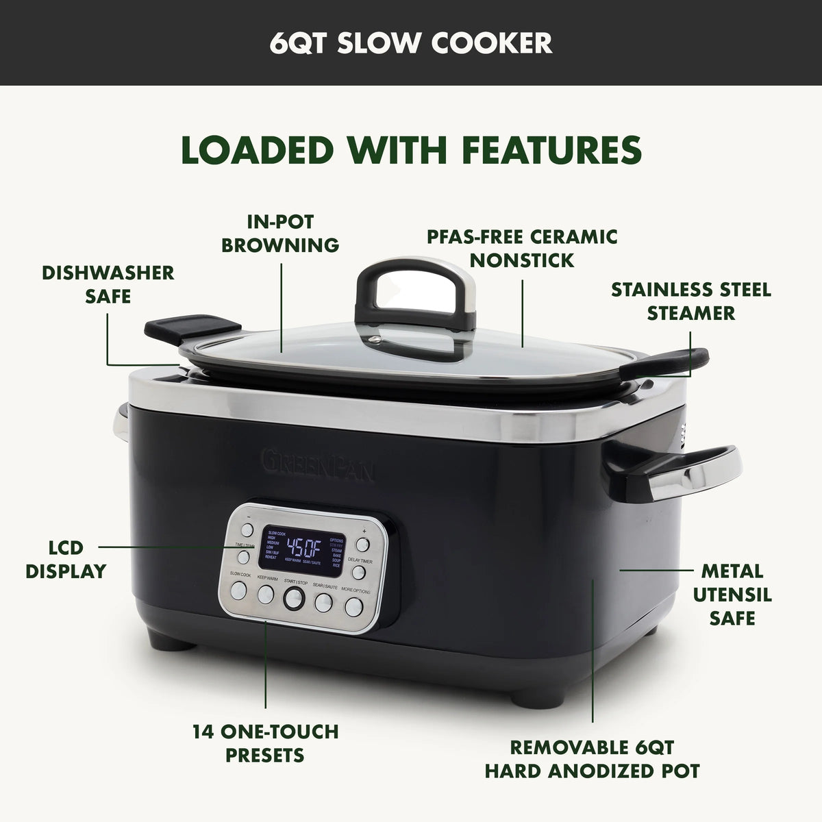 GreenPan 6-Quart, 14-in-1 Slow Cooker, Family Size, Ceramic Nonstick, Dishwasher Safe Parts, Black