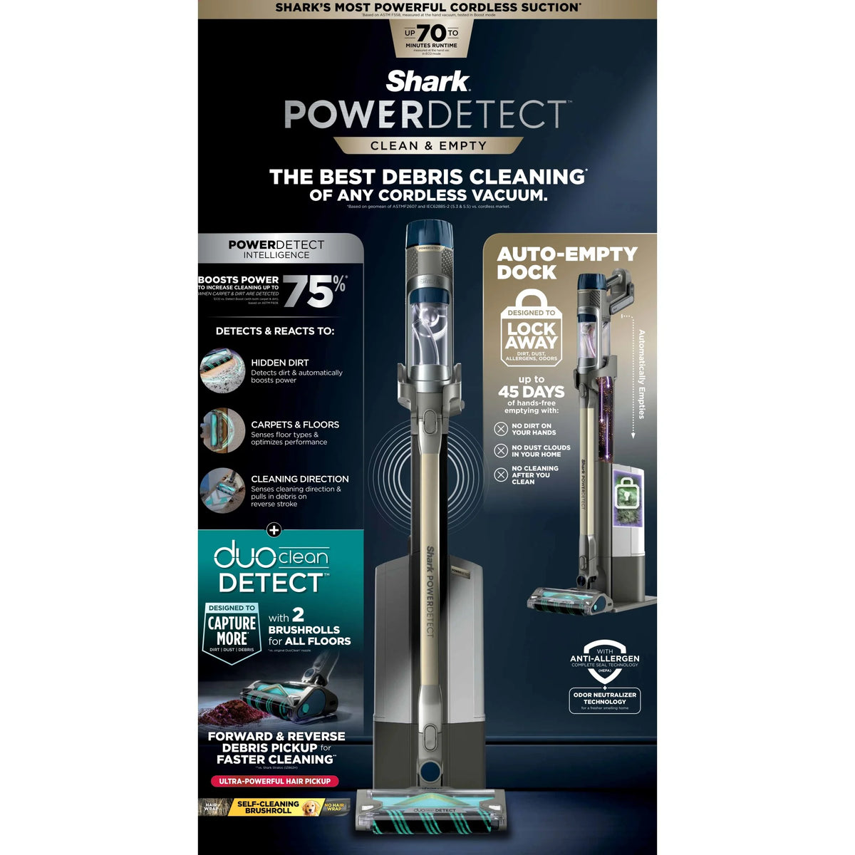 Shark PowerDetect Clean & Empty Cordless Stick Vacuum & Auto-Empty System, Powerful Suction, HEPA Filtration, Carpet & Hard Floor, Portable, IP3150