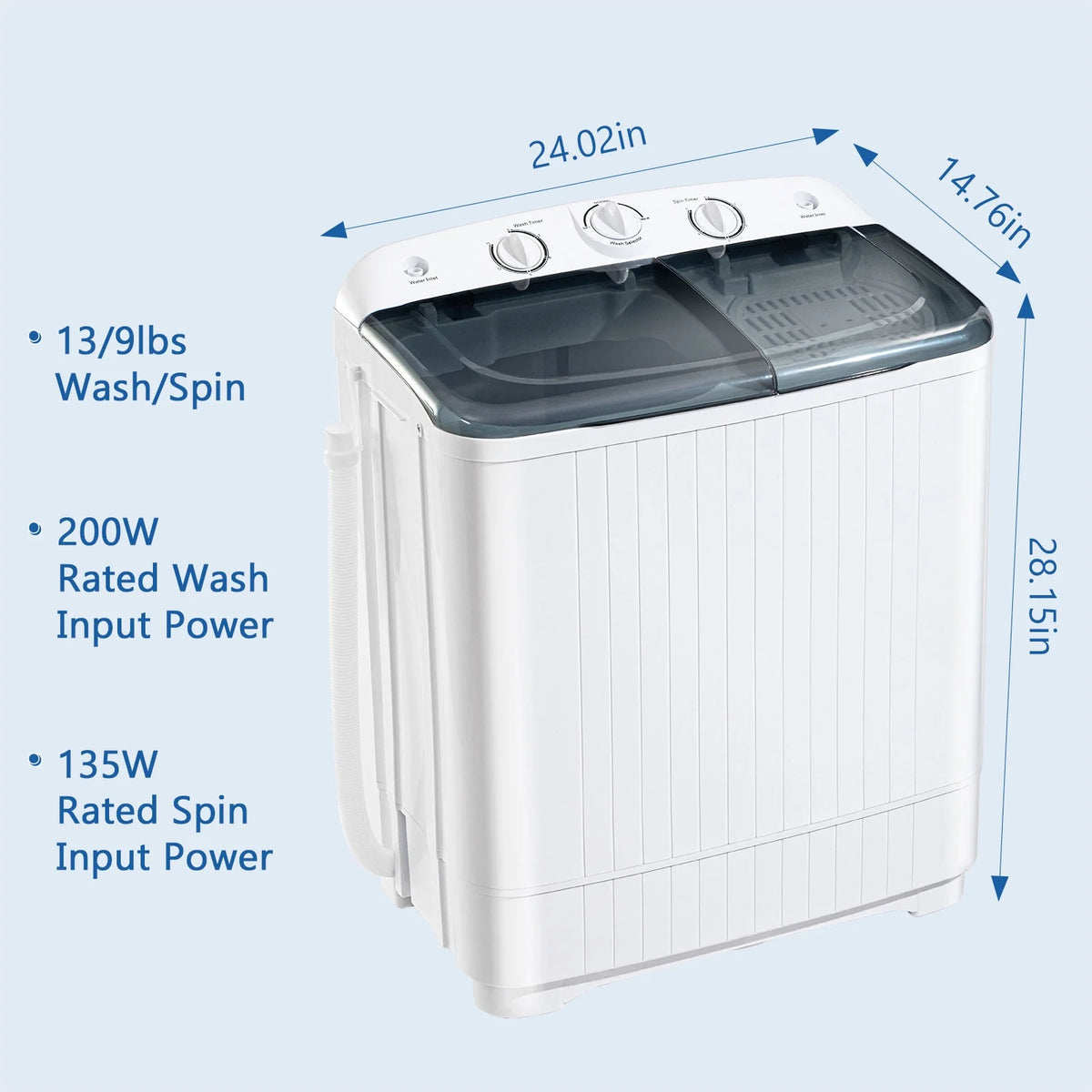 Dimedeal Portable 18lbs Twin Tub Mini Washing Machine, 11lbs Washer & 7lbs Spinner with Drying Rack & Hangers