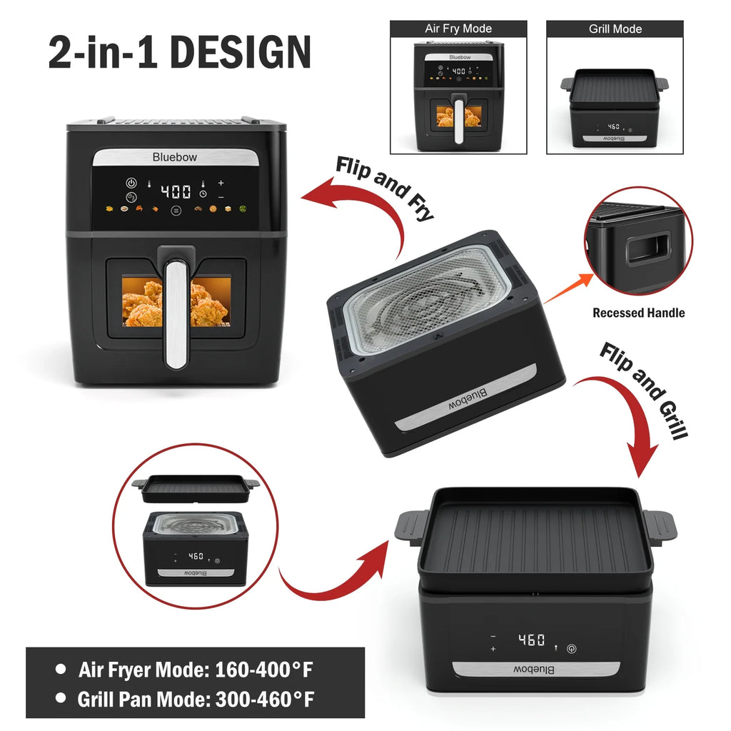 Bluebow 9QT  Air Fryer & Grill Pan Combo, Large Capacity, 8 Preset Functions, Non Toxic, Non-Stick, View Window, Black