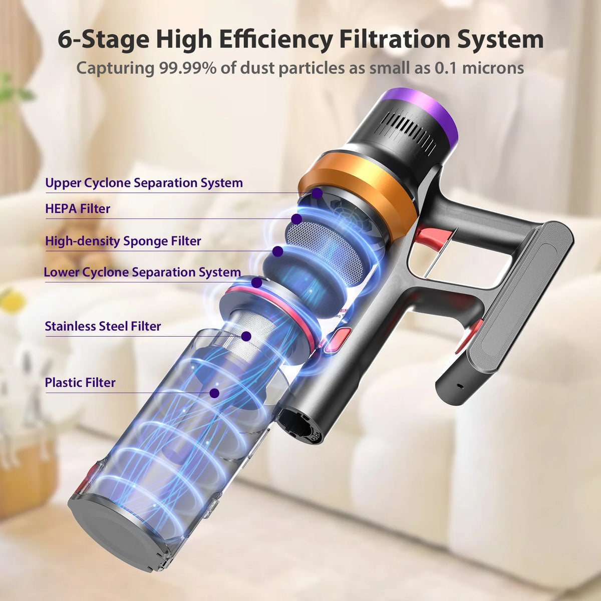 ORFELD Cordless Vacuum Cleaner with 2600mAh Detachable Battery, 45Kpa Powerful Stick Vacuum for Hard Floor Carpet Pet Gold, SV30