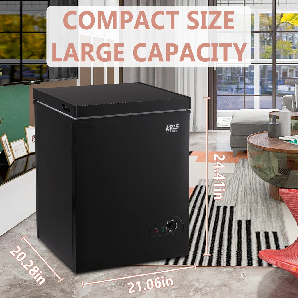 Krib B 3.5 Cu.Ft Chest Freezer with 7 Gears Temperature Adjustment, Deep Compact Freezer with a Removable Basket, Suitable for Kitchen, Garage, Basement, Black