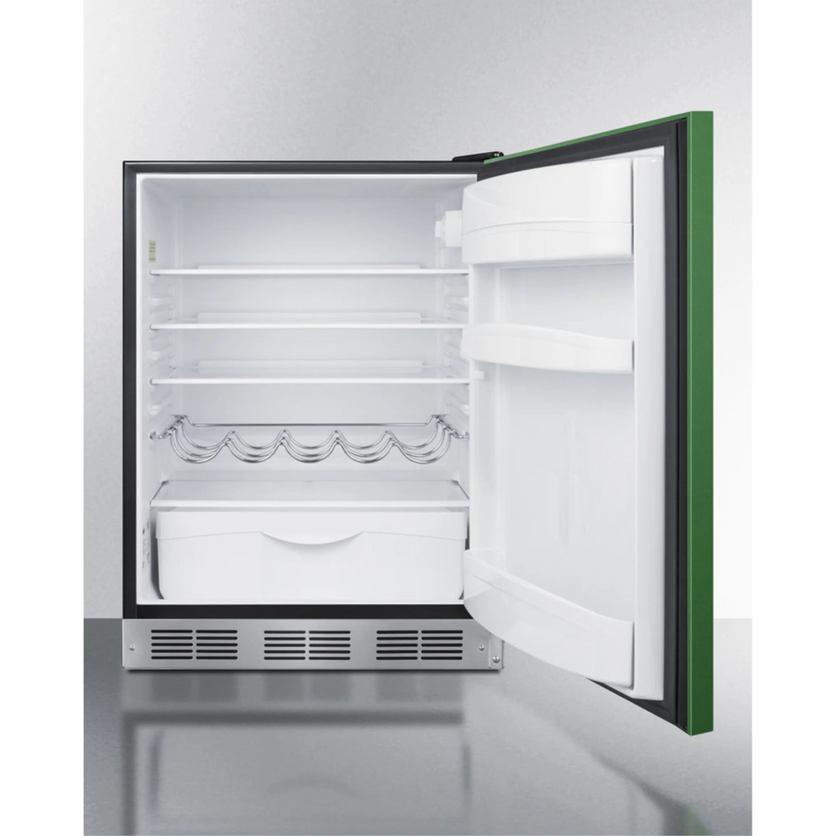 Undercounter 24" all-refrigerator for residential use with lavender purple door, stainless steel handle, and black cabinet