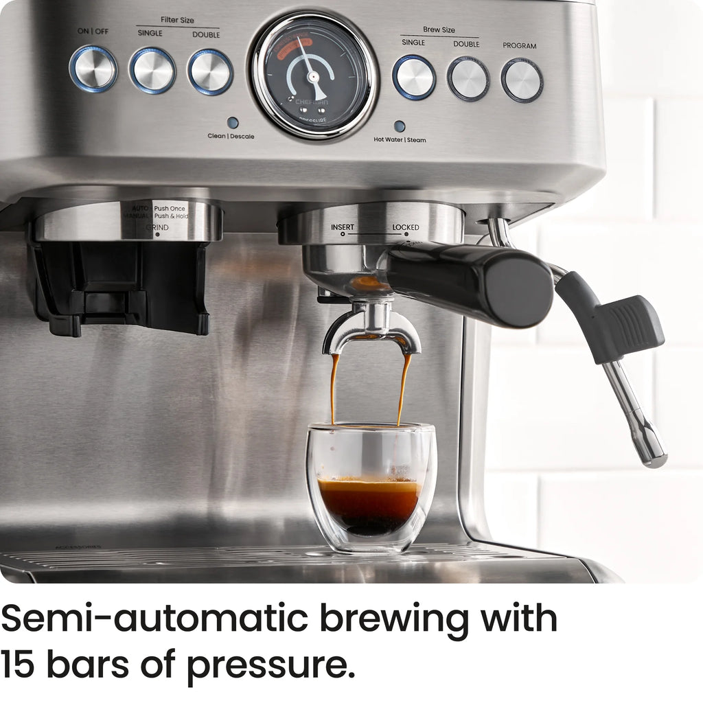Chefman Crema Supreme Espresso Machine with Conical Burr Grinder and Steam Wand a?? Stainless Steel, New