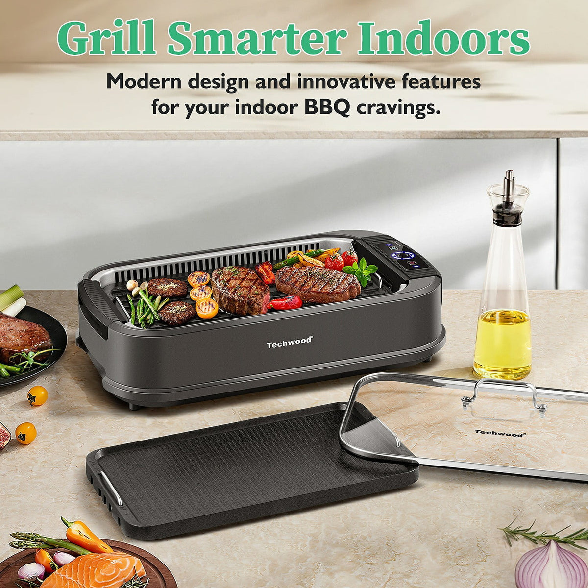Techwood Indoor Smokeless Grill, 1500W, Black, Electric Portable Korean BBQ Grill with Tempered Glass Lid