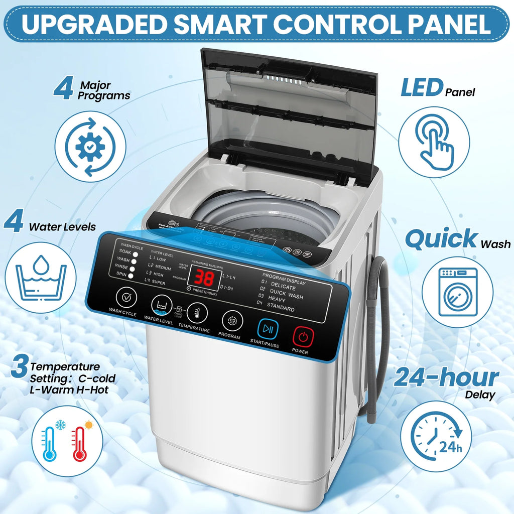 Qhomic Portable Washing Machine, 20lbs Portable Washer with 4 Wash Programs 4 Water Levels 3 Water Temperatures LED Display, Fully Automatic Washing Machine Drain Pump for Home, RV, Dorm