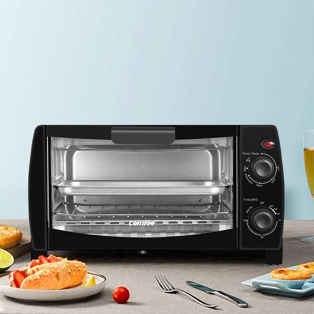 COMFEE' Mini 2-Slice Toaster Oven, Countertop toaster oven, 2-Knobs Easy to Control with Timer for Bake, Broil, Toast, 1000W, Black/White (CO-B08AA(BK))