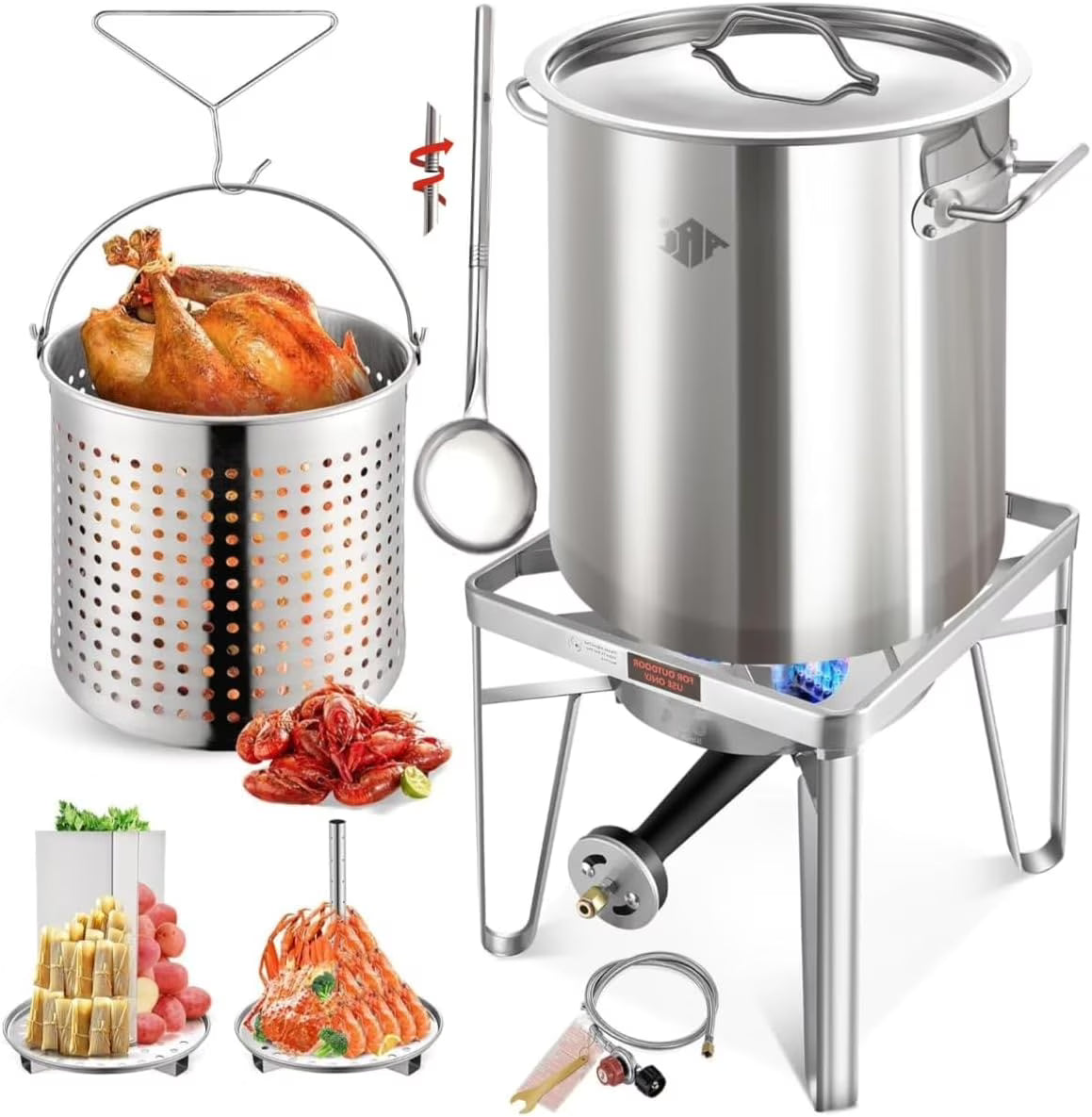 52QT Stainless Steel Turkey Fryer Pot with 36" Large Spoon, Propane Burners Kit, Tamale Steamer Pot with Basket, Steamer Rack, for Outdoor Cooking, Seafood Boil, Crawfish Boil, Home Brewing