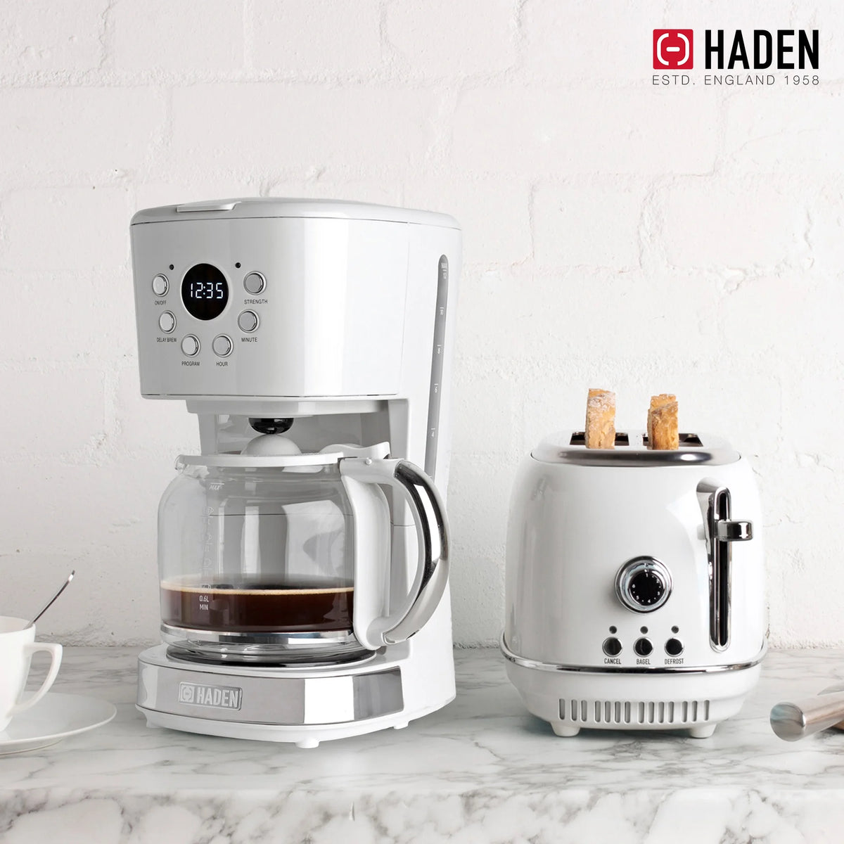 Haden 12 Cup Coffee Maker with 2 Slice Stainless Steel Bread Toaster, White