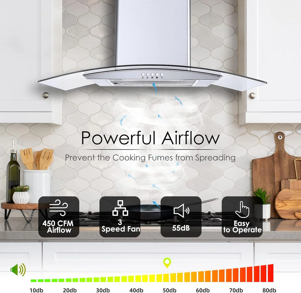 Range Hood 30 Inch, Tieasy Wall Mount Kitchen Hood with Ducted / Ductless Convertible Duct, Stainless Steel Chimney and Aluminum Filters, LED Lights, 3 Speed Fan, Push Button