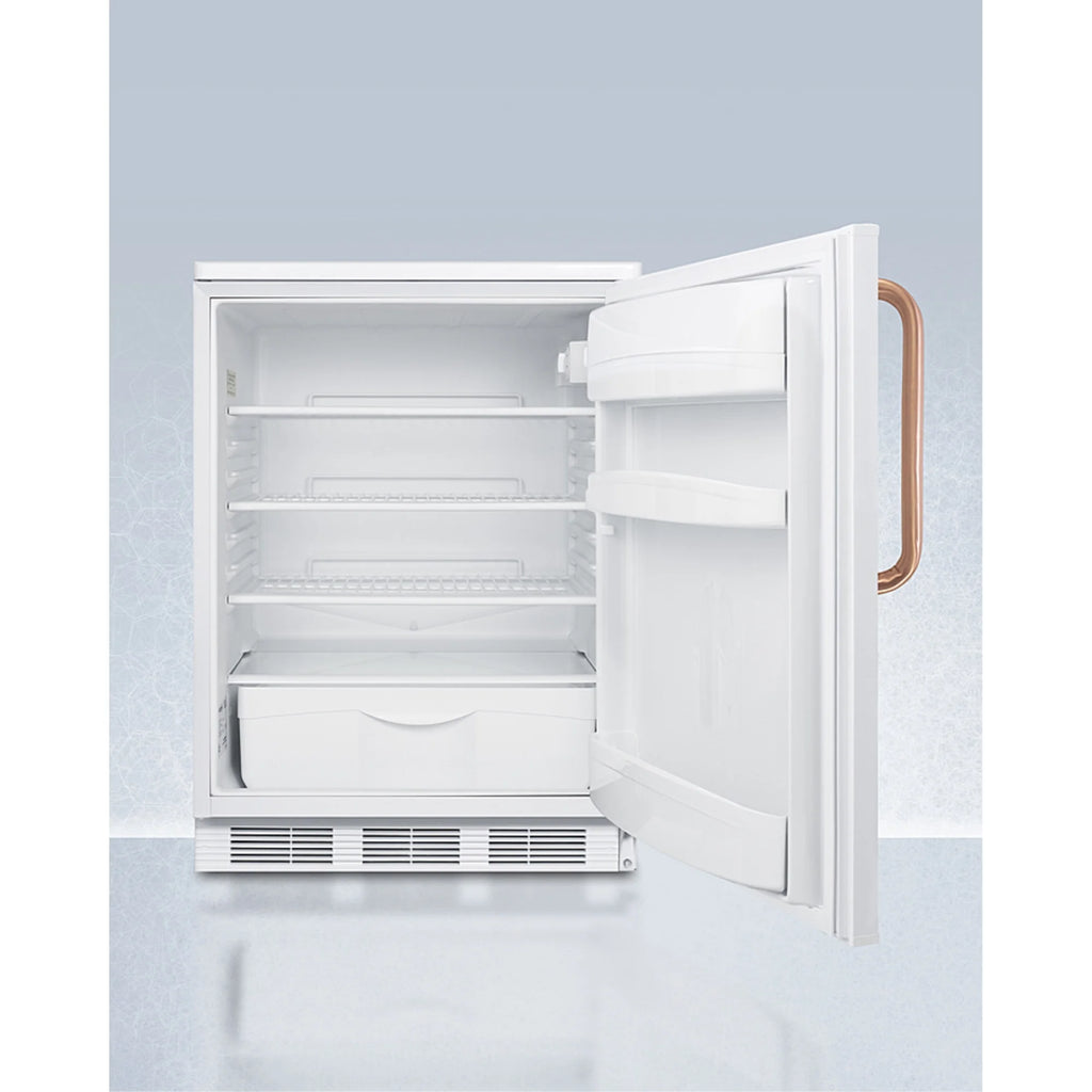 24" wide auto defrost all-refrigerator with lock, digital thermostat, internal fan, door storage, and copper handle