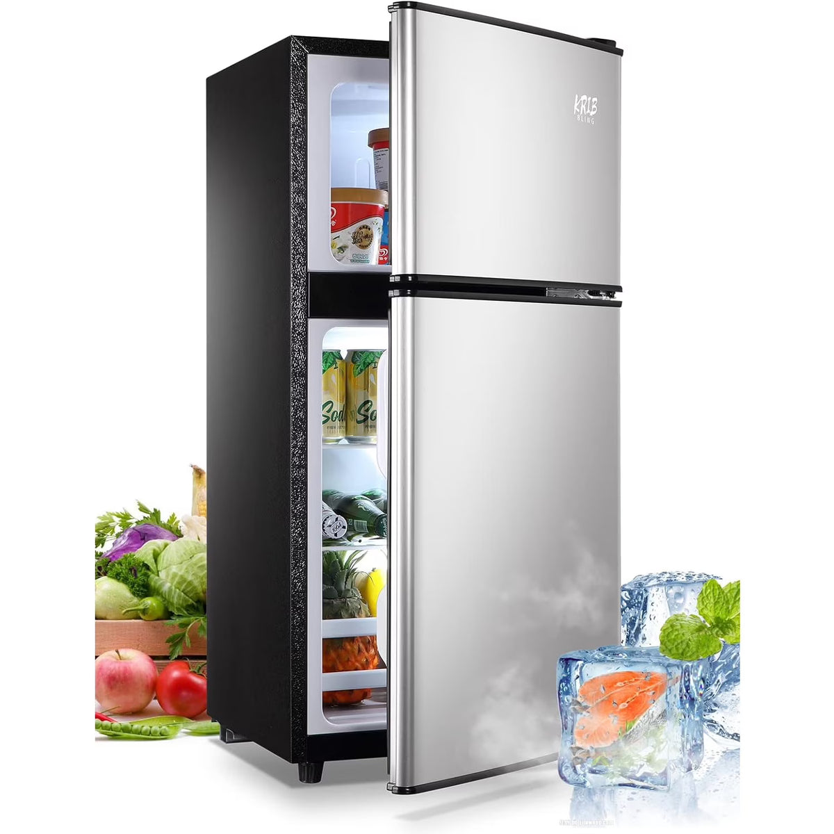 KRIB BLING 3.2 Cubic Feet Double Door Mini Fridge with Freezer, Mini Compact Refrigerator 2 Doors for Dorm, Office, Apartment, RV, Bedroom, Black