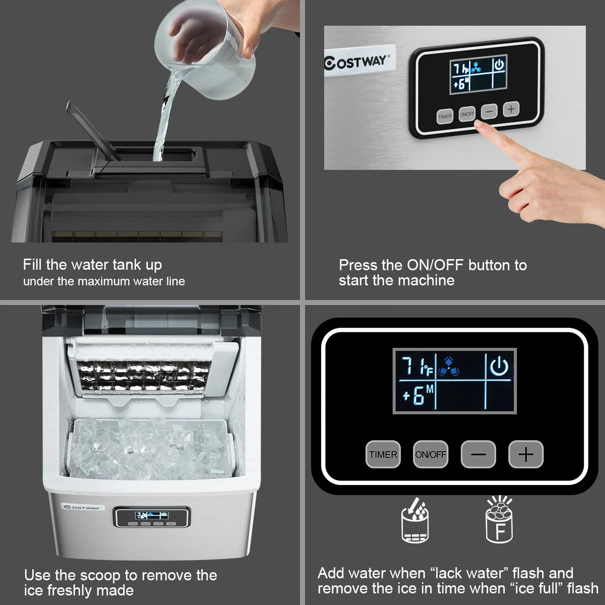 Costway Stainless Steel Ice Maker Machine Countertop 48Lbs/24H Self-Clean with LCD Display