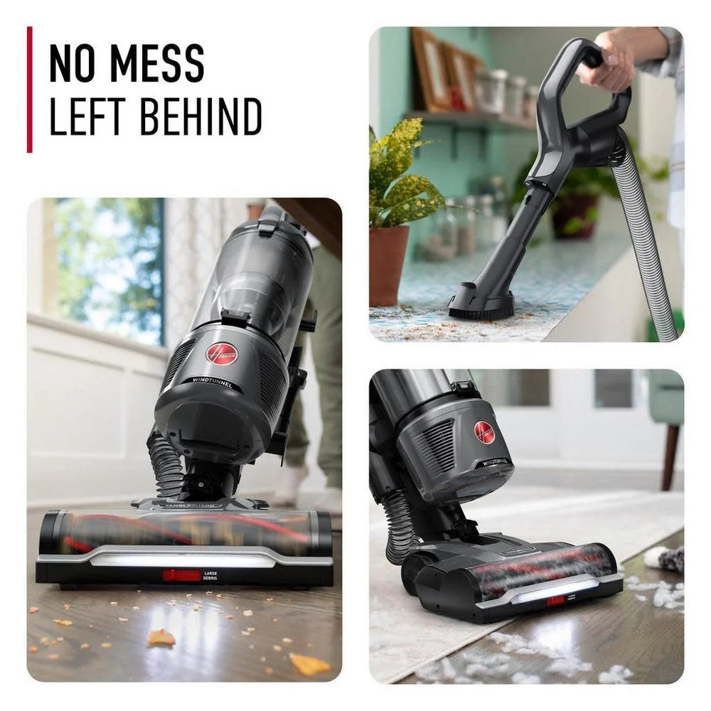 Hoover Bagless Upright Vacuum, WindTunnel Tangle Guard, Powerful, Multi-Surface, with LED, Extension Wand,Turbo, Crevice,& 2-in-1 Upholstery Tool, Lightweight, HEPA Filter, XL Dust Cup, Grey