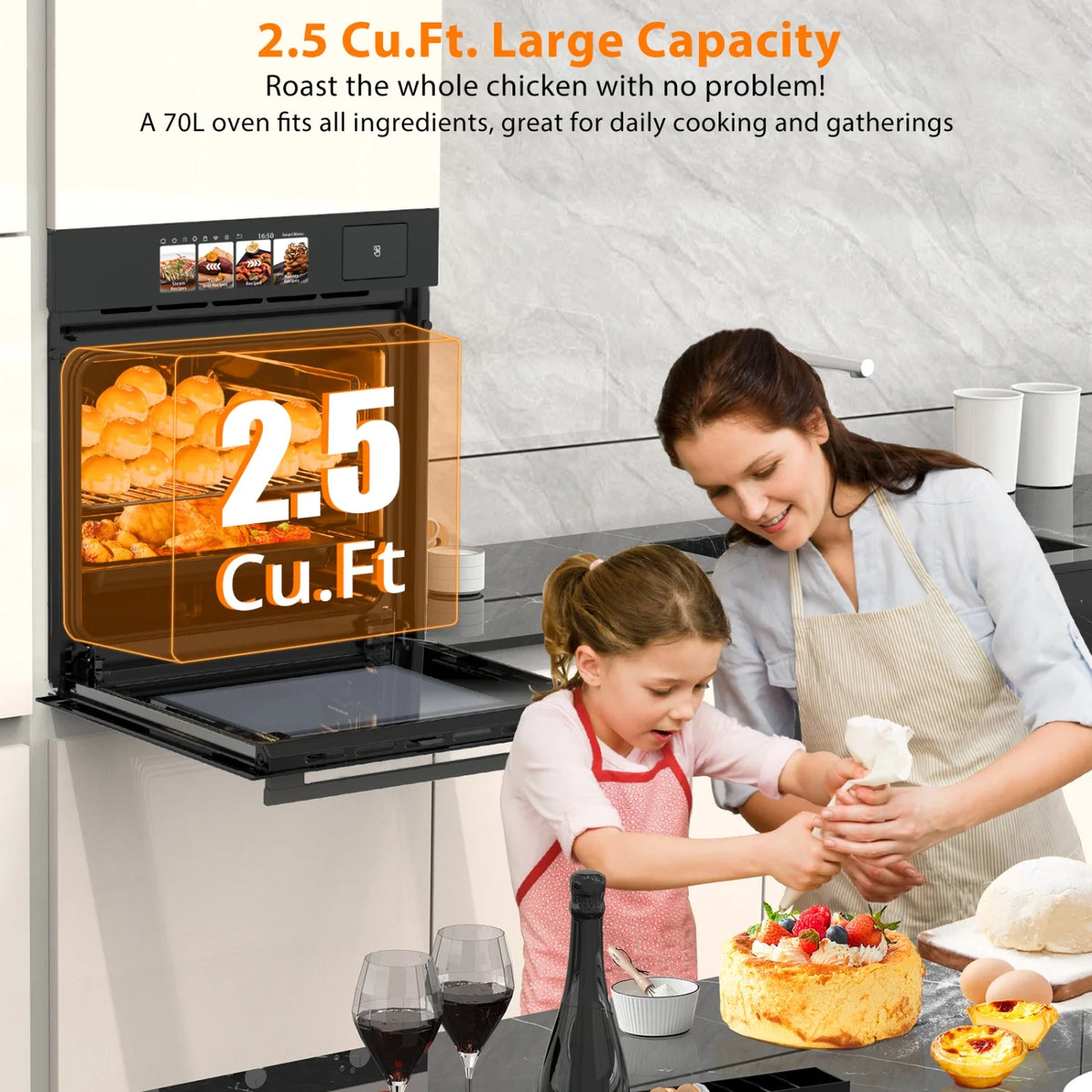 Garvee 24" Single Wall Oven with TFT Touch Display, 2.5 Cu.ft Convection Wall Oven, 8 Cooking Modes, 108 Smart Recipes, 3000W, 240V, Silver & Black