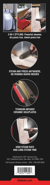 CHI SteamPress 3-in-1 Handheld Garment Steamer for Clothes, Travel Steamer & Iron, Black