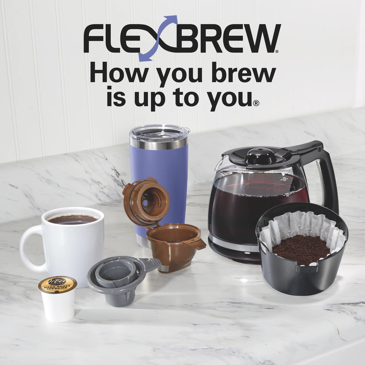 Hamilton Beach FlexBrew Coffee Maker, K Cup Pod Compatible Single Serve Coffee Maker & 12-Cup Coffee Pot, Black
