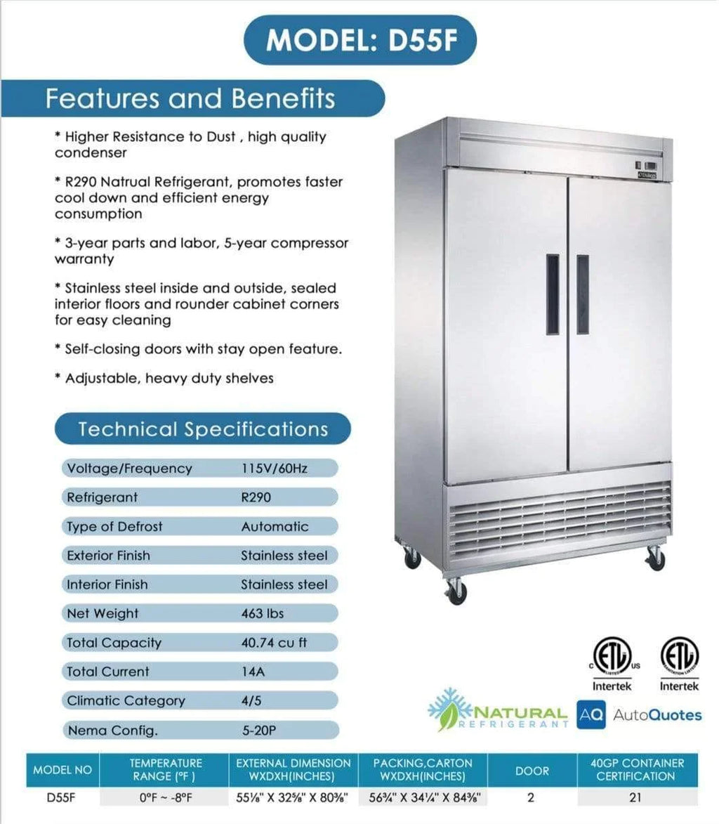 D55F 2-Door Commercial Freezer in Stainless Steel