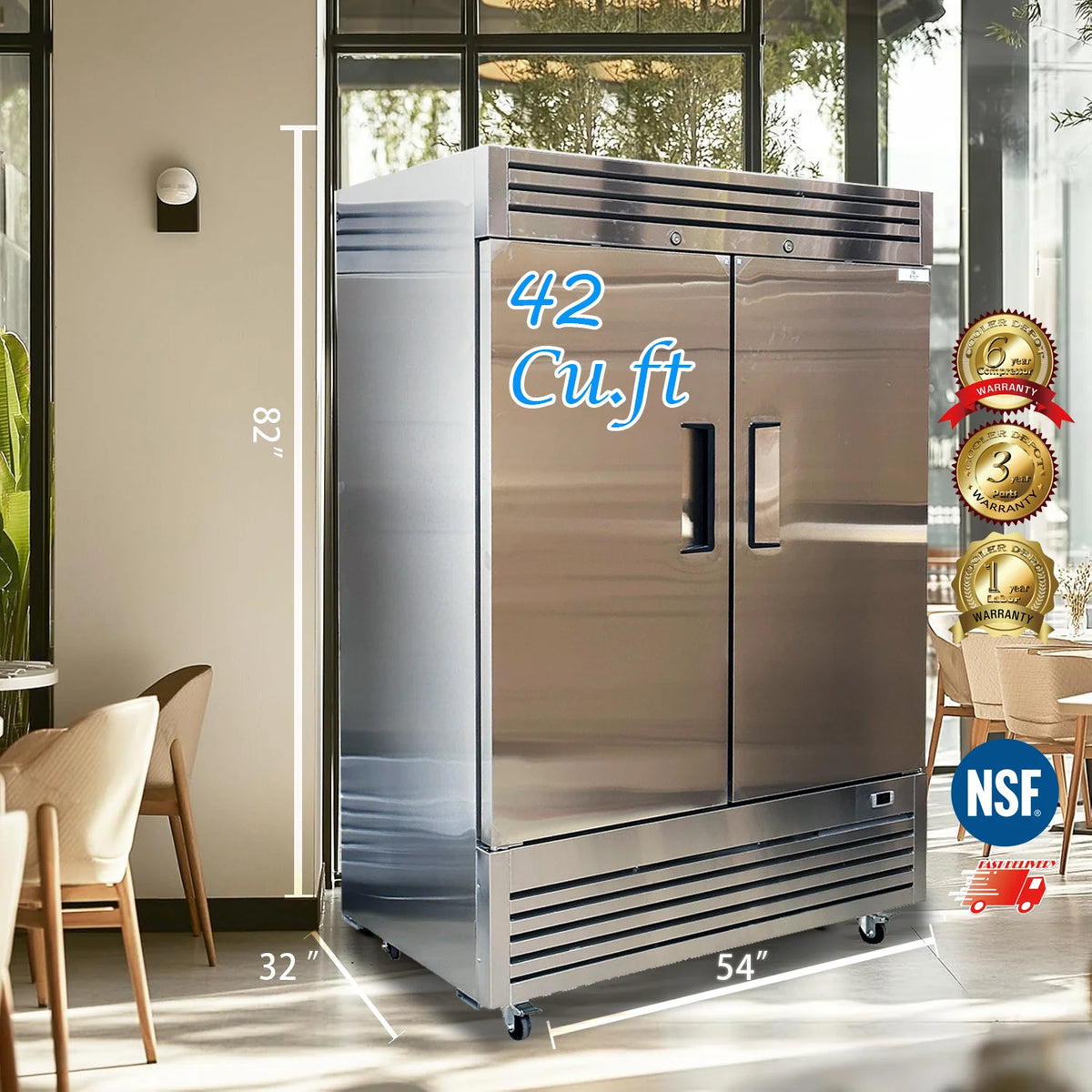 Commercial Reach in Refrigerator, 54" x 32" x 81 1/2", 42 Cubic Ft, Double Door Stainless Steel Fridge, NSFcertified