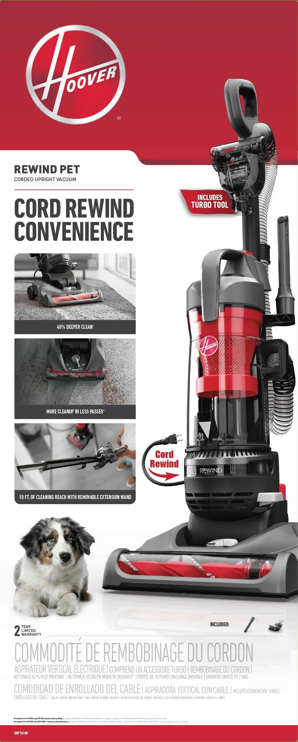 Hoover Rewind Pet Bagless Upright Vacuum Cleaner, Pet Friendly, Automatic Cord Rewind, Multi-Surface and Above Floor Cleaning, UH77410V, Gray & Red