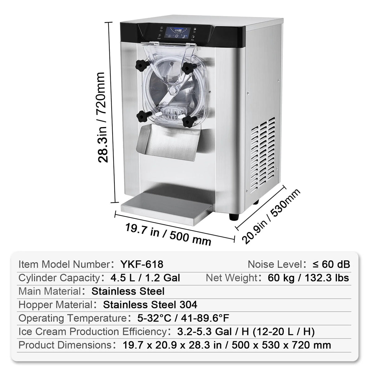 KFFKFF Commercial Hard Serve Ice Cream Machine Maker with a Yield of 12 Liters per Hour for Single Flavor