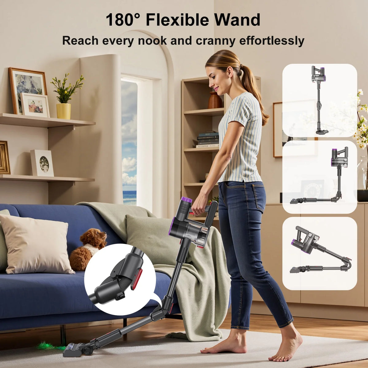 PRASKY Cordless Vacuum Cleaner, Bendable Rechargeable Cleaner for Carpet, Floor, Hair (Purple)