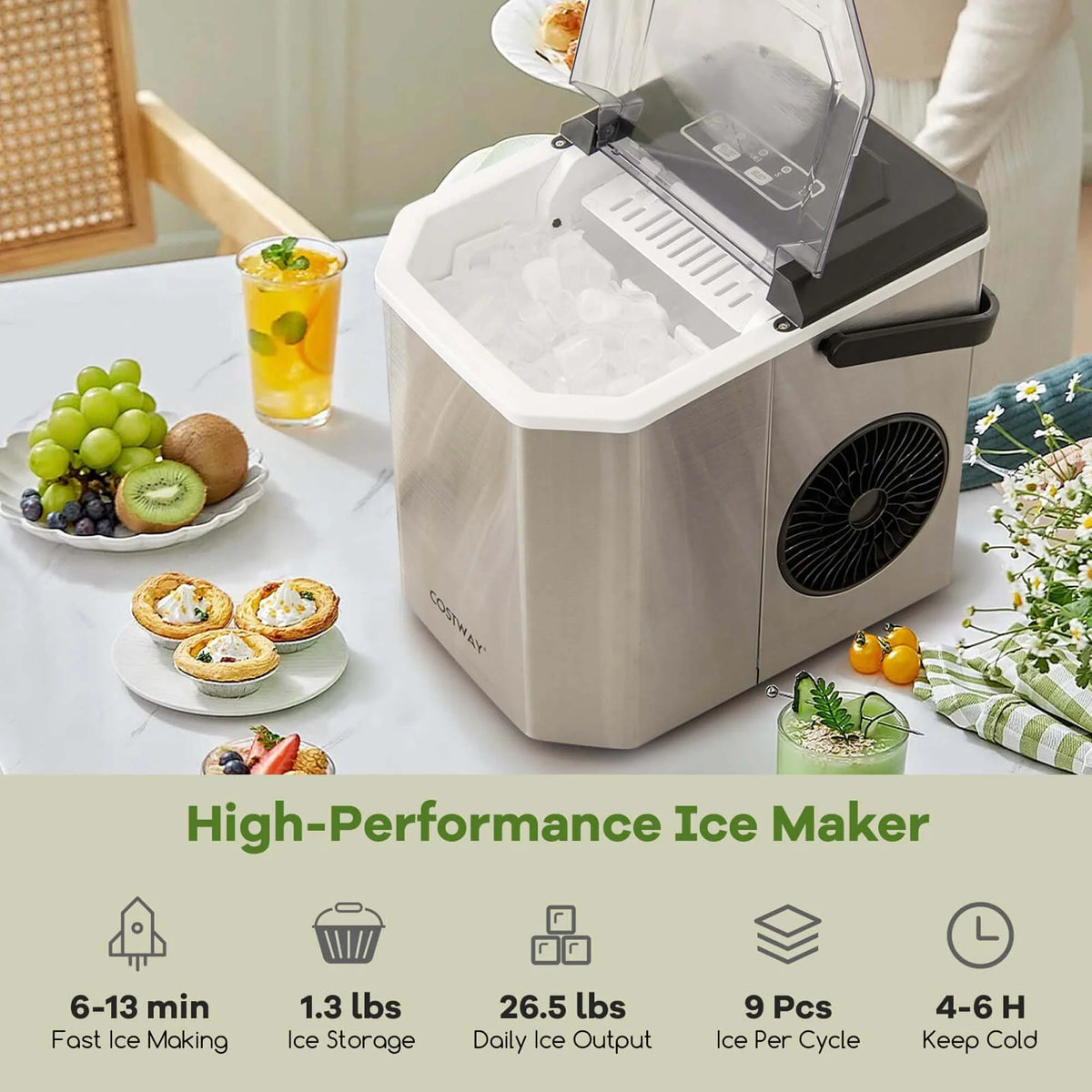 Costway Countertop Ice Maker Portable Ice Making Machine 6-13 Mins 9 Ice 26.5 lbs/24 Hrs Black