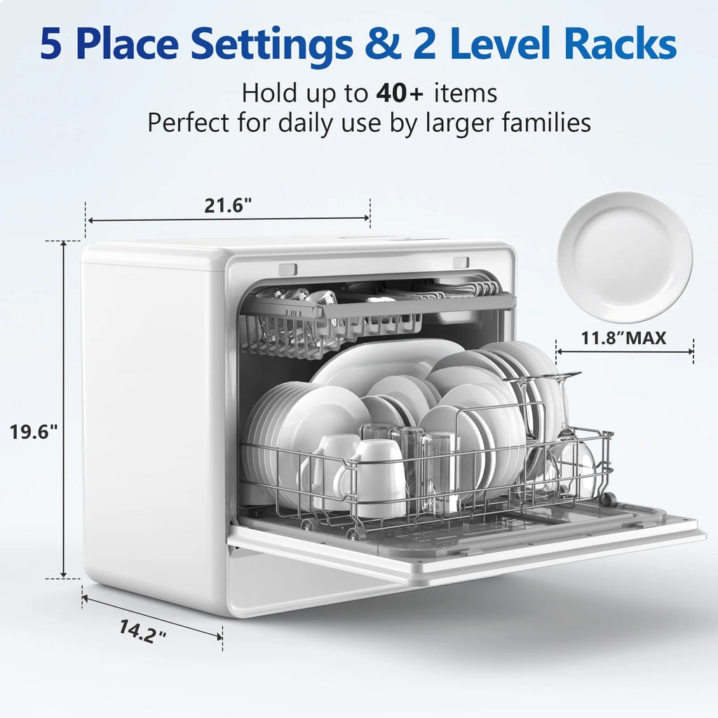 AIRMSEN 5-Place Settings Portable Countertop Dishwasher with 5L Built-in Water Tank, Ultra-Slim Dishwasher Upgrade 3 Spray Arms, 12H Delay Start and Salt Chamber Function, ZMW-DUHA01